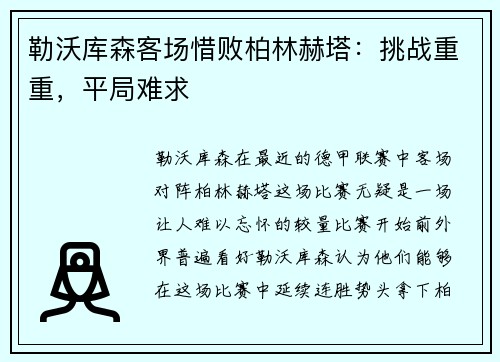 勒沃库森客场惜败柏林赫塔：挑战重重，平局难求