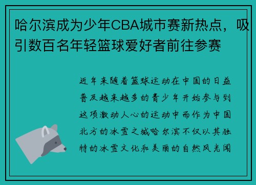 哈尔滨成为少年CBA城市赛新热点，吸引数百名年轻篮球爱好者前往参赛